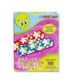 Meta title-Dukal Adhesive Strip Stat Strip® .75 x 3" Plastic Rectangle Kid Design (Looney Tunes / Tweety) Sterile, 100/Box,Medic
